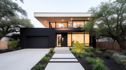 Modern contemporary home with sleek facade and landscaped front yard
