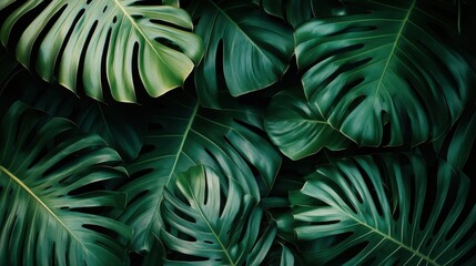 Closeup nature view of green leaf and palms background. Flat lay, dark nature concept, tropical leaf. Seamless pattern.