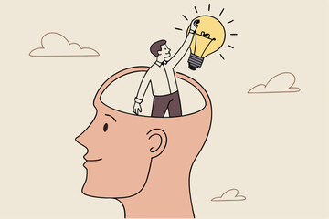 Eureka moment discover new idea or solution to solve problem, business insight, inspiration or creativity innovation, Aha moment concept, man with eureka moment discover lightbulb idea in his head.