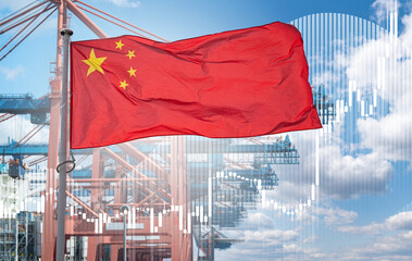 Chinese flag on the background of ship with containers
