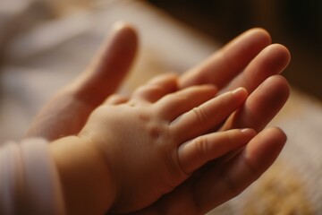 Close-Up of Baby Hand Resting Gently on Adult Palm in Warm Natural Lighting