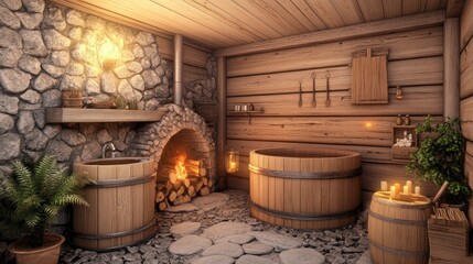 A charming rustic spa cabin with a fireplace, wooden hot tub, and warm, earthy aesthetics.