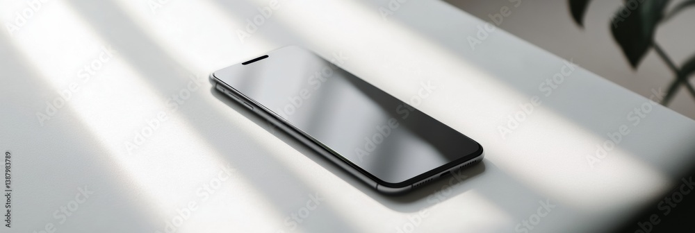 Poster modern smartphone resting elegantly on a white surface under soft lighting, showcasing minimalist de