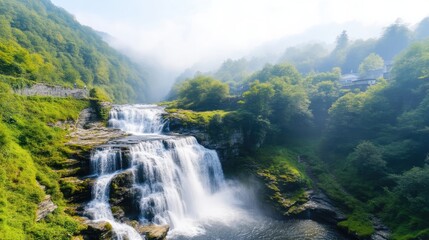 Fototapeta premium Majestic Waterfall in Lush Mountain Valley