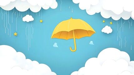 Obraz premium A vector illustration of two white clouds with yellow lightning bolts and an umbrella floating in the sky