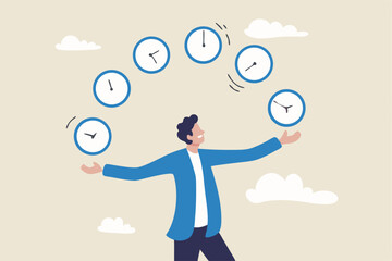Time management, punctuality or work deadline, schedule plan or reminder, productivity expert or timer countdown, expertise concept, confidence businessman expert juggling clock in difference time.