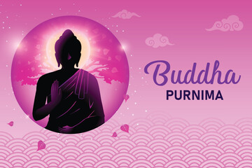 Buddha's Silhouette Meditating With Peepal Tree Behind On Pink Background.Concept Design Vector Illustration For  Buddha Purnima Festival.