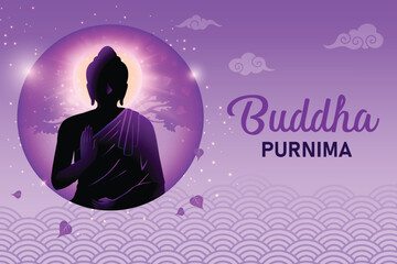 Buddha's Silhouette Meditating With Peepal Tree Behind On Purple Background. Concept Design Vector Illustration For  Buddha Purnima Festival.