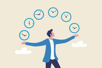 Time management, punctuality or work deadline, schedule plan or reminder, productivity expert or timer countdown, expertise concept, confidence businessman expert juggling clock in difference time.