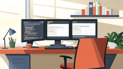 Modern Developer Workspace with Dual Monitors and Coffee Cup