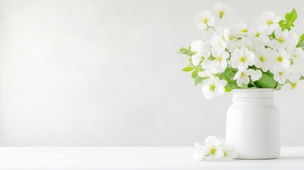 White Flowers in Vase Minimalist Spring Bouquet Soft Lighting Wide Shot, Delicate Petals, Peaceful Display, White Background, Bright Pure Tones, Ideal for Spring Greetings