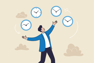 Time management, punctuality or work deadline, schedule plan or reminder, productivity expert or timer countdown, expertise concept, confidence businessman expert juggling clock in difference time.