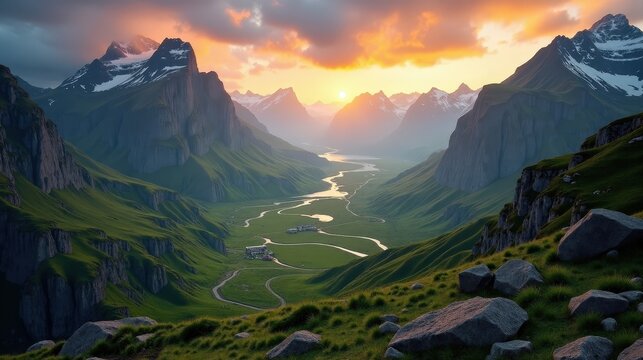 Aerial view of Innerdalen Valley in Norway at dawn, with vibrant sunlight and clear skies.