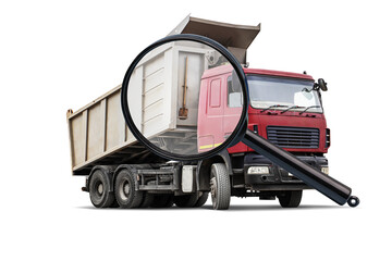 A magnifying glass focuses on a red truck designed for equipment rental, showcasing its structure...