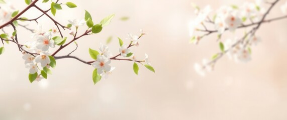 Fototapeta premium Delicate white blossoms adorn a branch, a subtle dance of nature against a soft, dreamy backdrop.