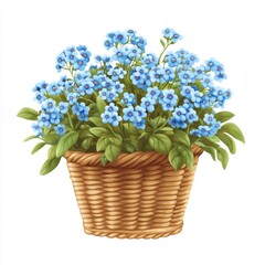 Obraz premium A Wicker Basket Filled With Many Beautiful Blue Flowers