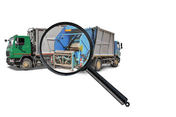 This close-up view through a magnifying glass highlights a garbage truck, showcasing its rental equipment features in a clear and detailed manner.