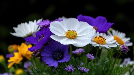 Vibrant flower bouquet close-up.  A medley of colorful blooms, featuring white cosmos, deep purple anemone, and sunny yellow flowers, all in sharp focus against a dark background