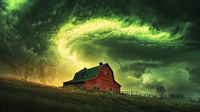 Barn Under a Swirling Sky: A weathered, rustic barn stands boldly against a dynamic backdrop of swirling, vividly colored clouds, creating a dramatic landscape. 
