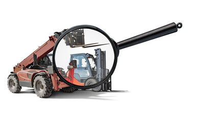 A magnifying glass is focused on rental construction equipment, showcasing the details of a forklift and telehandler in a clean, isolated setting.