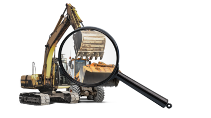 A magnifying glass is focusing on excavator and loader to highlight rental options. Isolated object for design.