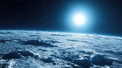 A mesmerizing view of an icy exoplanet bathed in the glow of a distant blue star.
