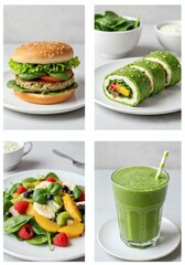 A healthy food collage featuring a veggie burger, spinach sushi, fruit salad and green smoothie