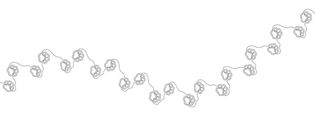 Paw print of a dog or cat. Footprint pet. Black lines animal prints isolated on white background. Tiger paws. Cute canine pattern. Puppy track. Feline step outline. Kitten leg. Vector illustration