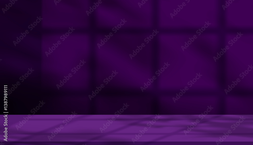 Aufkleber Purple Background,Shadow and Light effect on Wall Studio Room.Empty Dark Violet Backdrop Studio Background for product presentation,Vector 3D Ivy Display Podium Design with blurry window frame on wall