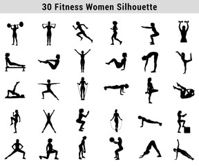 Set Of Fitness Silhouettes Exercising Women In Various Poses Perfect For Gym And Workout Designs Or Health And Wellness Concepts