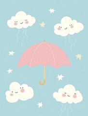Cute pink umbrella, white clouds, and yellow lightning bolts floating in the sky