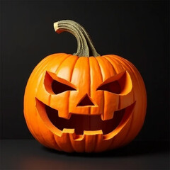 A menacing jack-o'-lantern grins from the shadows, its carved face a spooky symbol of Halloween night against a stark black backdrop.