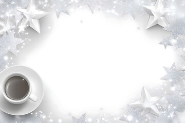 Fototapeta premium White, silver glitter background with white stars and bokeh lights, a shiny white background for a Christmas or New Year's card design template, with white space in the center.