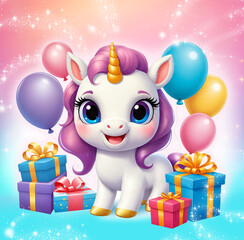 Gift card. Unicorn sitting with presents and balloons. Birthday celebration. Sticker. Home decor. Birthday card. Created by artificial intelligence