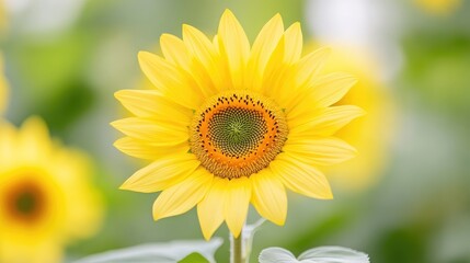 Obraz premium A vibrant sunflower dominates the image, its petals bright yellow, the center a rich orange-brown. Other sunflowers are softly blurred in the background, creating a shallow depth of field. The high-r