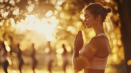 Peaceful Woman Practicing Yoga at Sunset with Bokeh Light in Nature.