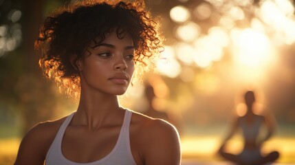 Black Woman Relaxing Outdoors at Sunrise During Yoga Session.