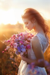 Smiling Woman with Purple Wildflowers at Golden Hour.