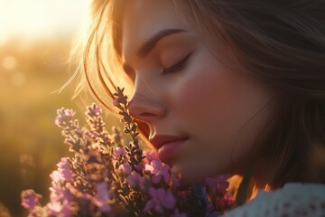 Smiling Woman with Purple Wildflowers at Golden Hour.