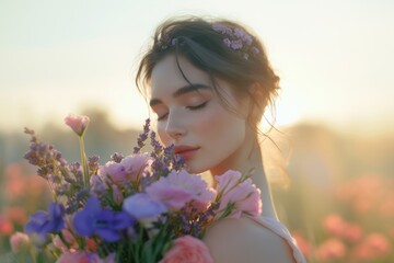 Smiling Woman with Purple Wildflowers at Golden Hour.