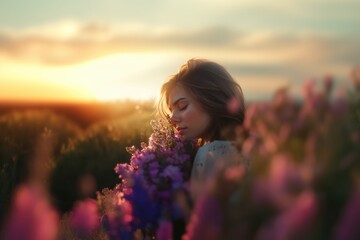 Smiling Woman with Purple Wildflowers at Golden Hour.