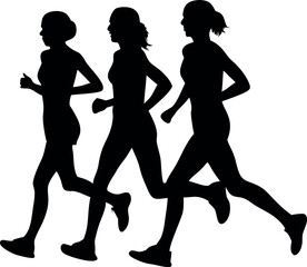 Three Female Runners Training Silhouette Illustration Fitness And Healthy Lifestyle Vector Competitive Sport And Teamwork Concept Isolated Athletic Women Running Together