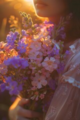 Smiling Woman with Purple Wildflowers at Golden Hour.