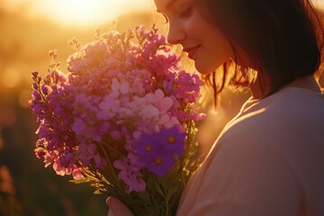 Smiling Woman with Purple Wildflowers at Golden Hour.