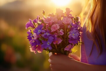 Woman Holding a Bouquet of Flowers at Sunset