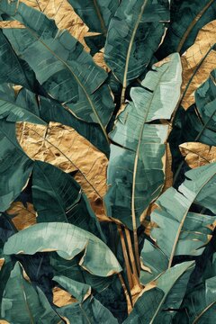 Abstract art painting featuring banana leaves in green, white, gray, and gold tones with golden foil accents creating a lush aesthetic