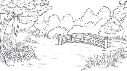 Peaceful garden scene with a bridge, perfect for relaxation or meditation