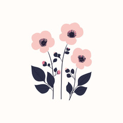 Elegant Floral Arrangement: Three Pale Pink Flowers with Dark Centers and Foliage (Vector Illustration)