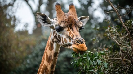 Obraz premium A giraffe captured mid-bite as it strips leaves from a high branch.