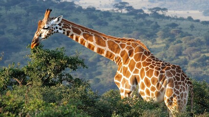 Obraz premium A giraffe contentedly munching on a leafy branch, surrounded by a peaceful savanna.